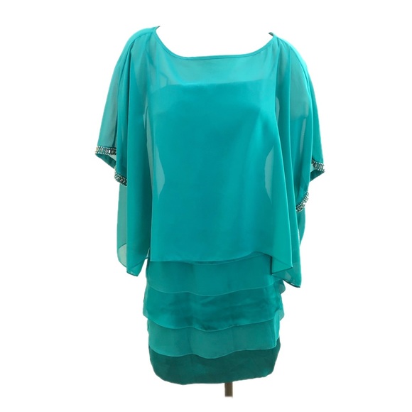 Laundry by Shelli Segal Dress Teal Tiered size 4 Sheer Overlay Beaded 2pc - Picture 3 of 16